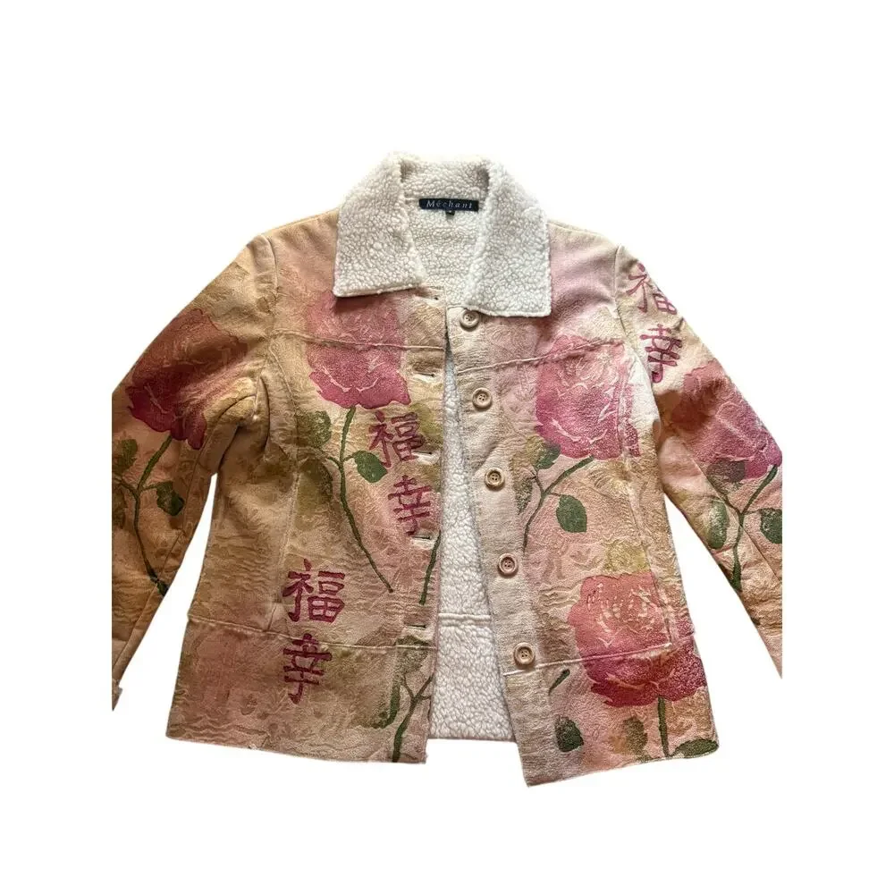 Vintage Méchant Sherpa Lined Floral Jacquard Jacket Asian Script Roses Small